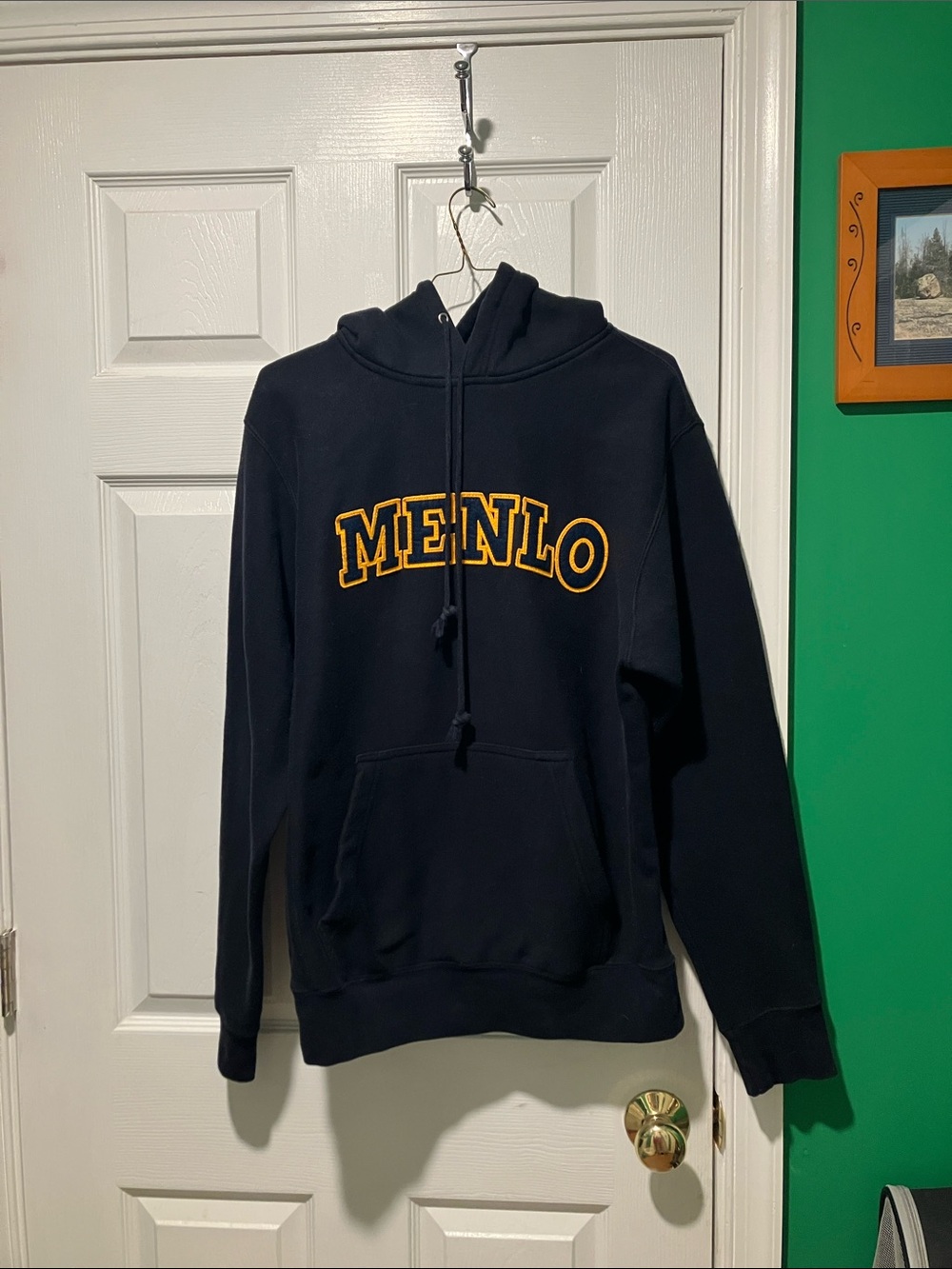 Menlo college Navy Pullover Hoodie with Gold Lettering XS